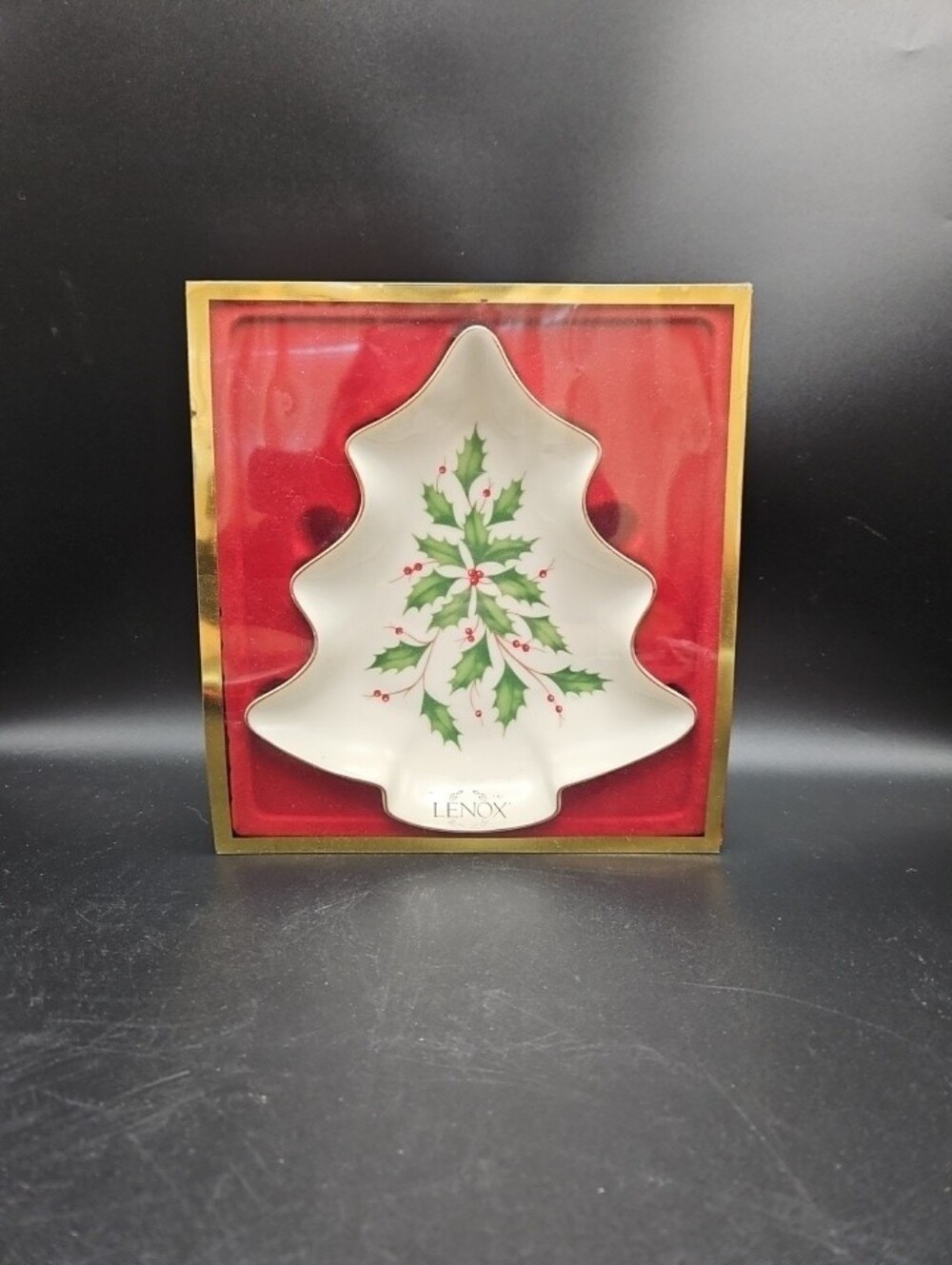 LENOX Holiday Christmas Tree Candy Dish Holly Berries Serving Trinket Snack